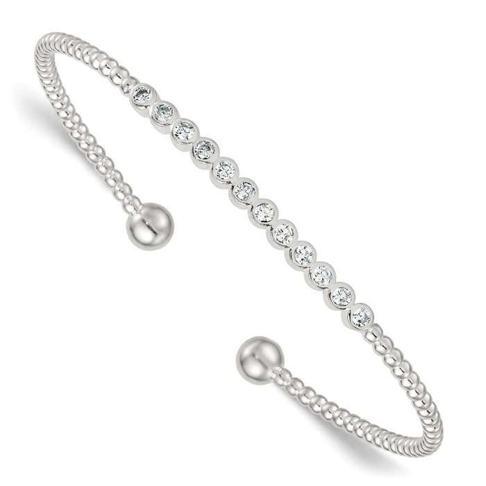 Buy Stylish Polished Sterling Silver CZ Bar Cuff Bangle - 7.5" with Beaded Accents-1