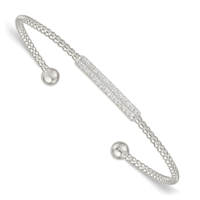 Exclusive Polished Sterling Silver CZ Bar Cuff Bangle - Stylish Beaded Accents-1