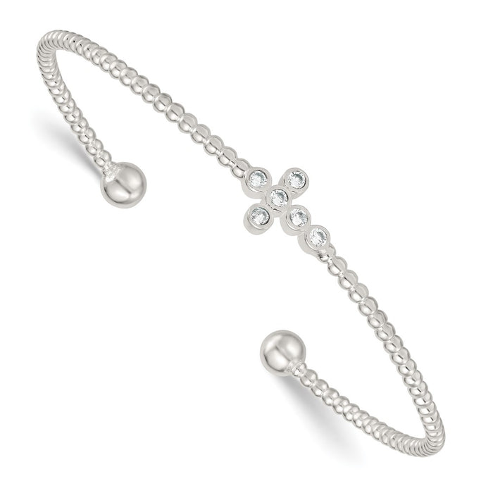 High-Quality Polished Sterling Silver CZ Cross Cuff Bangle - Stylish Beaded Accents-1