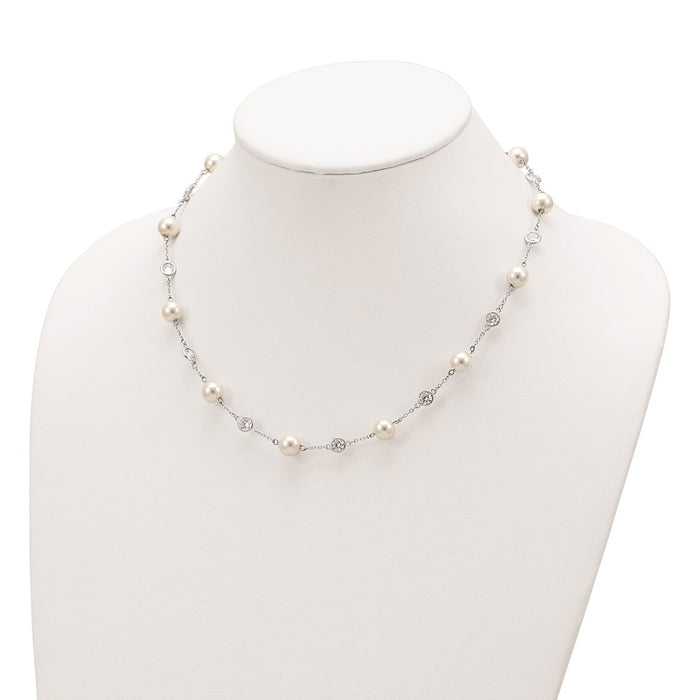 High-Quality 18.25-Inch Sterling Silver Necklace with CZ Bezel & Pearls - Value!-4