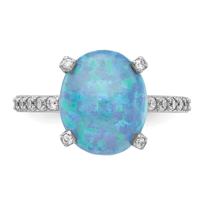 Exclusive 14K Gold Rhodium-Plated Oval Ring with Lab-Created Blue Opal - Stylish Value-4