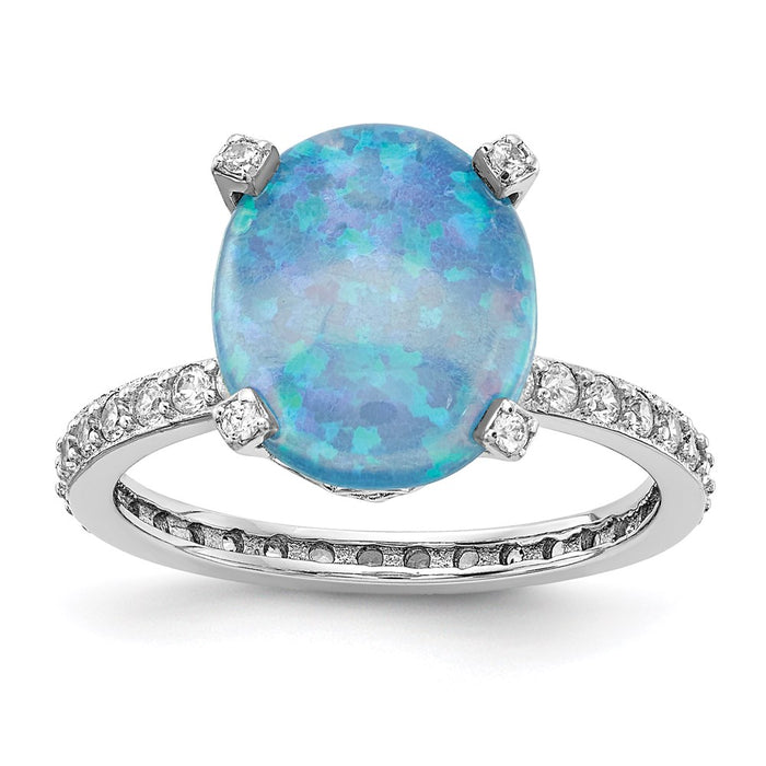 Exclusive 14K Gold Rhodium-Plated Oval Ring with Lab-Created Blue Opal - Stylish Value-1
