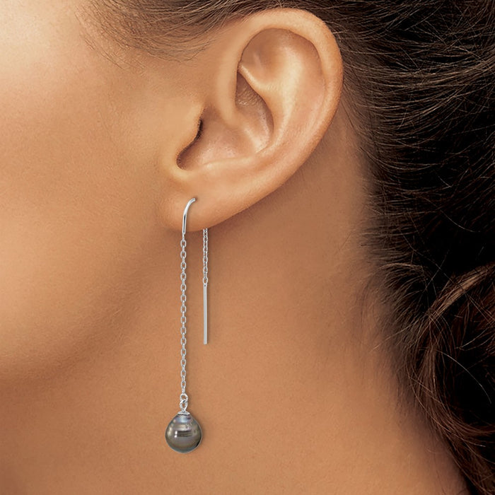 Buy Stylish Rhodium-Plated Silver Threader Earrings with 9-10mm Tahitian Pearls-3