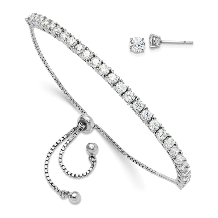 Shop Stylish Rhodium-Plated Sterling Silver Adjustable Bracelet & CZ Earrings Set-1