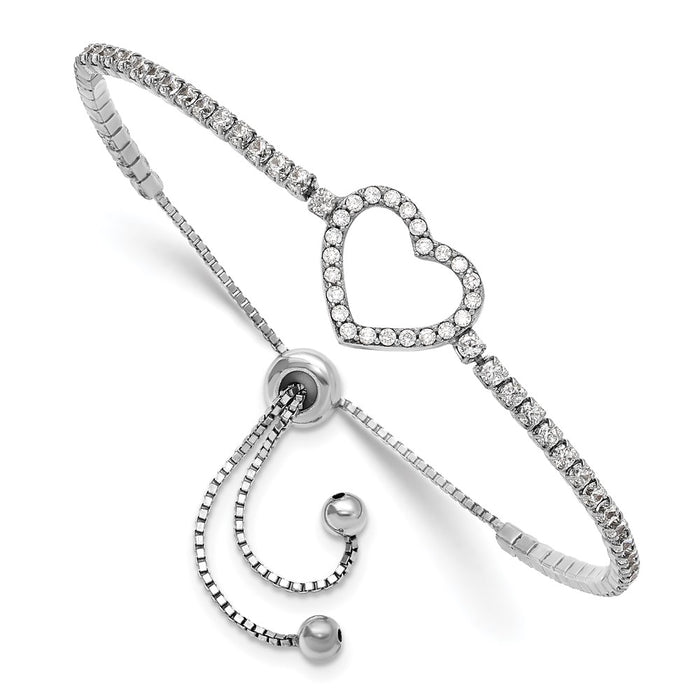 High-Quality Rhodium-Plated Sterling Silver Adjustable Heart Bracelet - Stylish CZ Accents-1