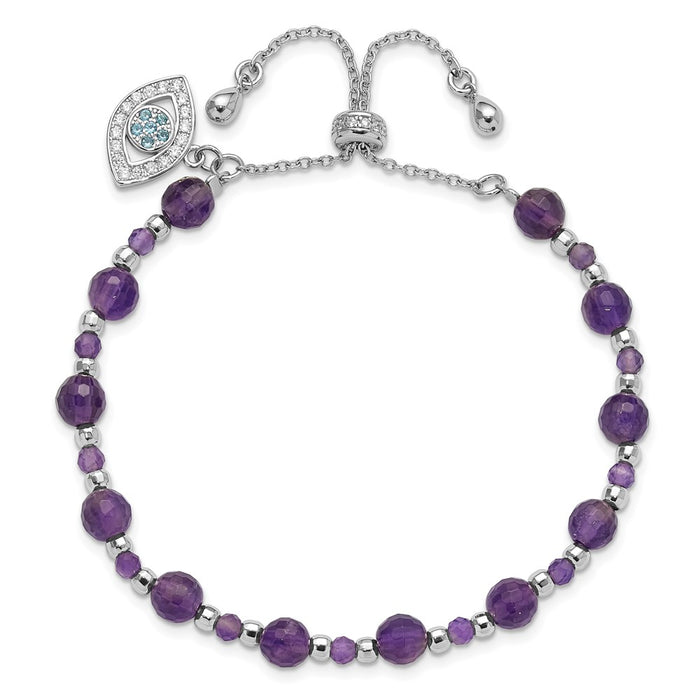 Exclusive Adjustable Amethyst Bracelet - Stylish Rhodium-Plated Stainless Steel with CZ & Blue Glass.-2