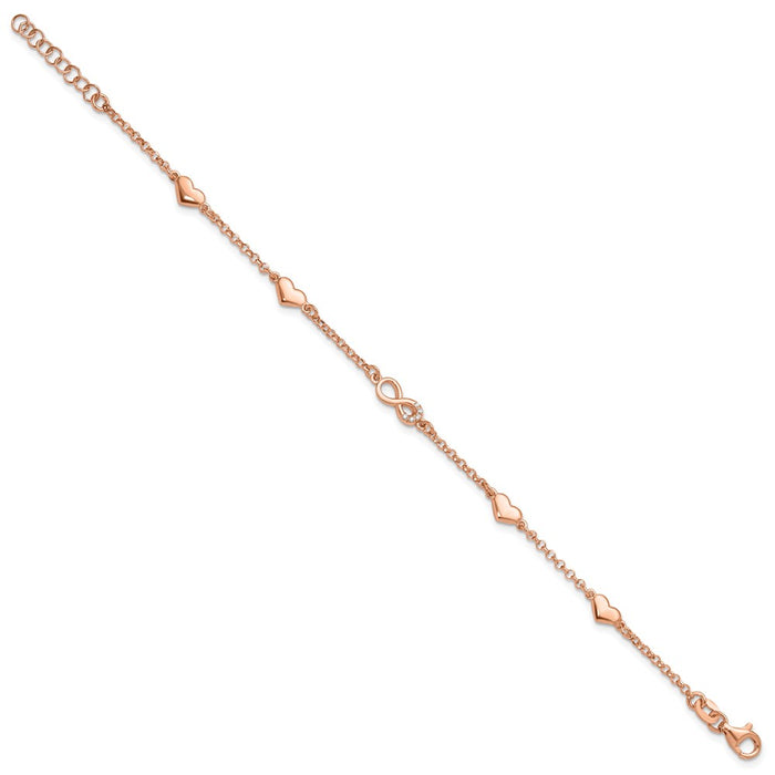High-Quality Sterling Silver Rose Gold-Plated Heart Infinity Bracelet, Stylish CZ Accents & Extension-2