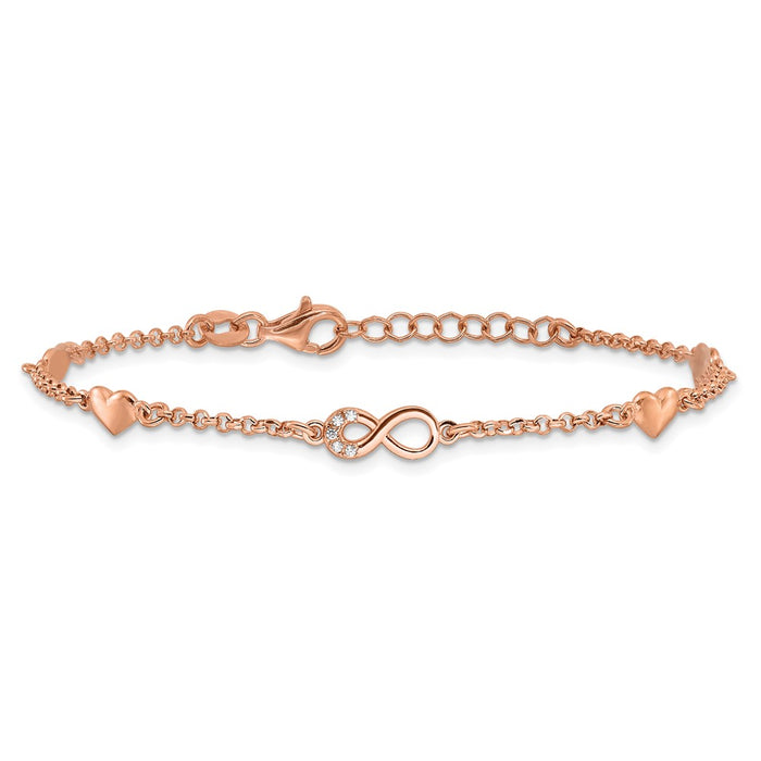 High-Quality Sterling Silver Rose Gold-Plated Heart Infinity Bracelet, Stylish CZ Accents & Extension-3