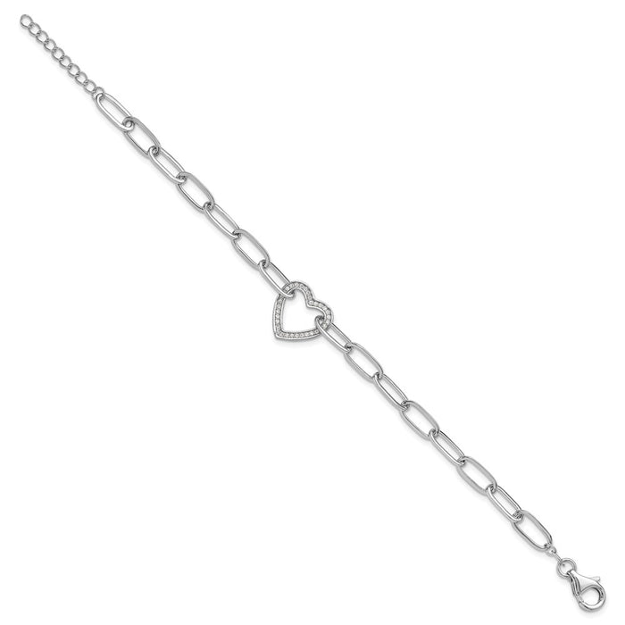 Exclusive Rhodium-Plated Sterling Silver Paperclip Bracelet with CZ Heart - Stylish 1-Inch Extension-2