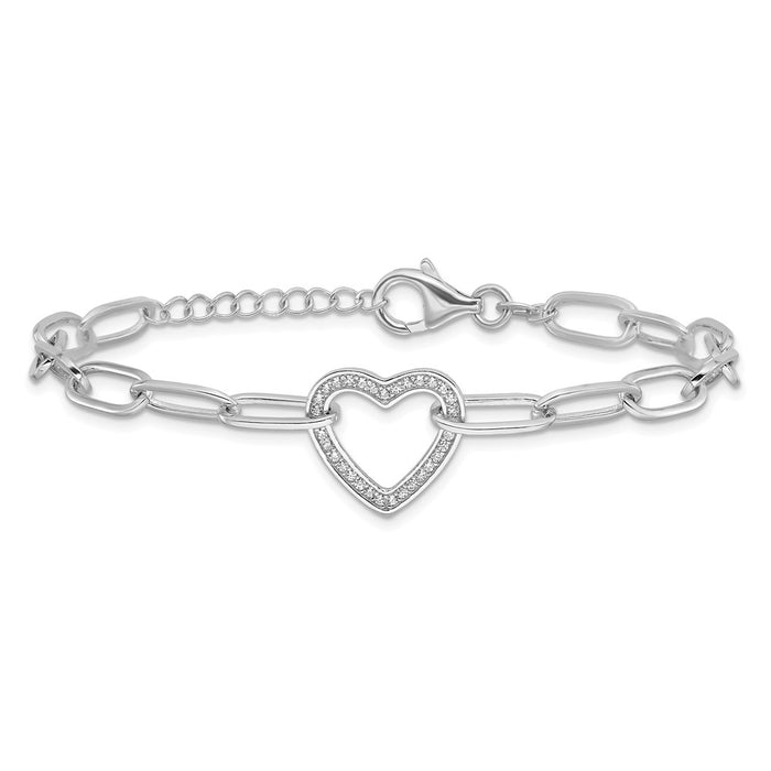 Exclusive Rhodium-Plated Sterling Silver Paperclip Bracelet with CZ Heart - Stylish 1-Inch Extension-3