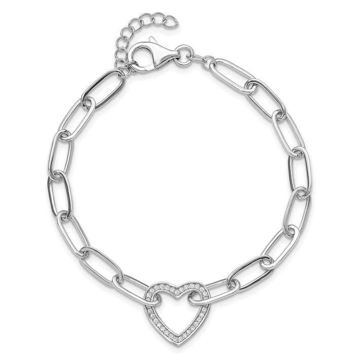 Exclusive Rhodium-Plated Sterling Silver Paperclip Bracelet with CZ Heart - Stylish 1-Inch Extension-4