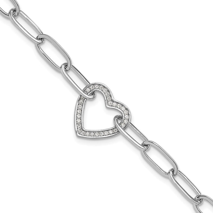 Exclusive Rhodium-Plated Sterling Silver Paperclip Bracelet with CZ Heart - Stylish 1-Inch Extension-1