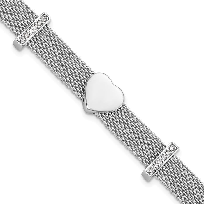 Shop Stylish Rhodium-Plated Sterling Silver Mesh Bracelet - 6.75" with CZ Heart-1