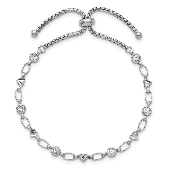 Exclusive Rhodium-Plated Sterling Silver Heart Bolo Bracelet | Stylish CZ & Diamond-Cut Design-2