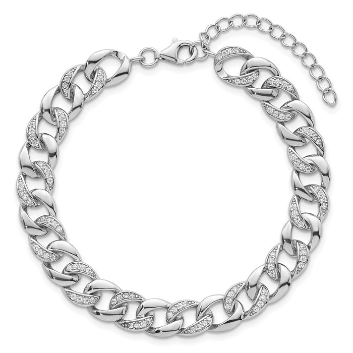Shop Stylish Polished Sterling Silver 8mm CZ Curb Link Bracelet - 7" + Extension-4