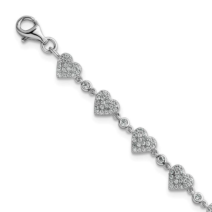 Exclusive Polished Pave CZ Heart Bracelet - 7" Rhodium-Plated Silver, Stylish Value-1