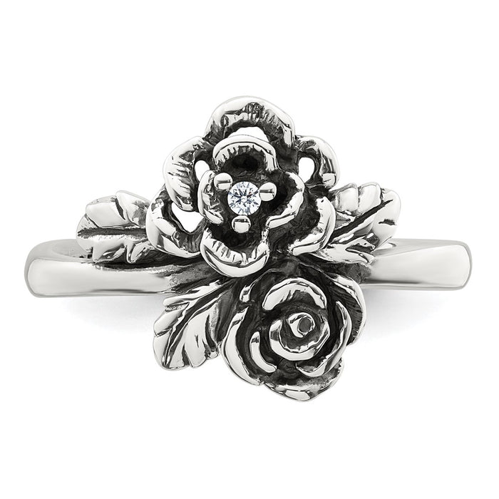 Buy Stylish Antiqued Sterling Silver CZ Floral Ring - Size 8, Affordable Luxury-4