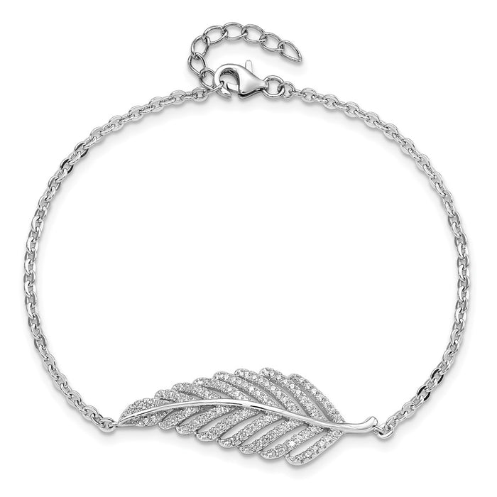 Exclusive Rhodium-Plated Sterling Silver Feather Bracelet - 7" Long, Stylish CZ-4