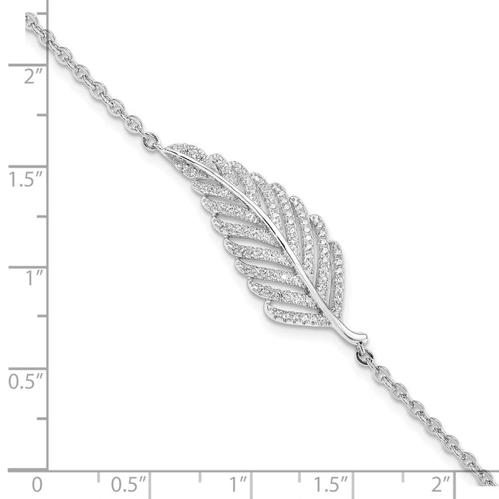Exclusive Rhodium-Plated Sterling Silver Feather Bracelet - 7" Long, Stylish CZ-5