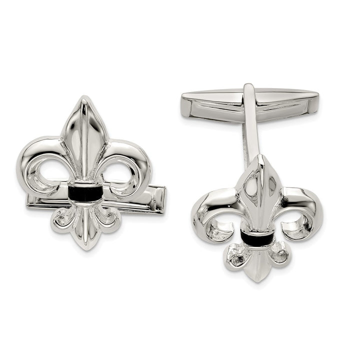 Designer Sterling Silver Fleur De Lis Cuff Links with Onyx Inlay - Stylish Value!-1