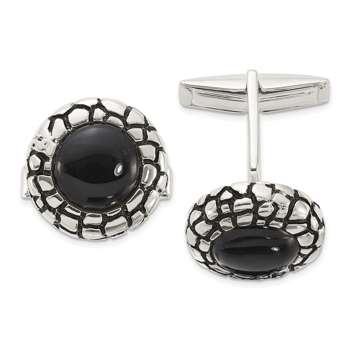 Designer Polished Round Onyx Cuff Links | Stylish Sterling Silver Accents-1