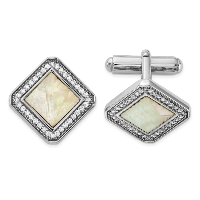 Exclusive Rhodium-Plated Sterling Silver Cuff Links with CZ & Mother of Pearl-1