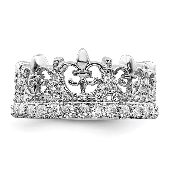 Exclusive Rhodium-Plated Sterling Silver Fleur-de-lis Crown Ring, Stylish CZ Accents-5