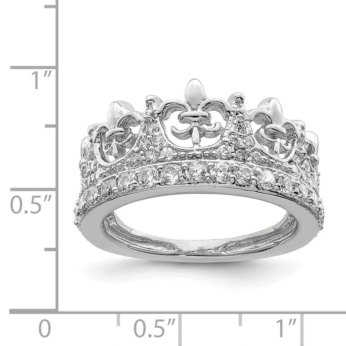 Exclusive Rhodium-Plated Sterling Silver Fleur-de-lis Crown Ring, Stylish CZ Accents-3