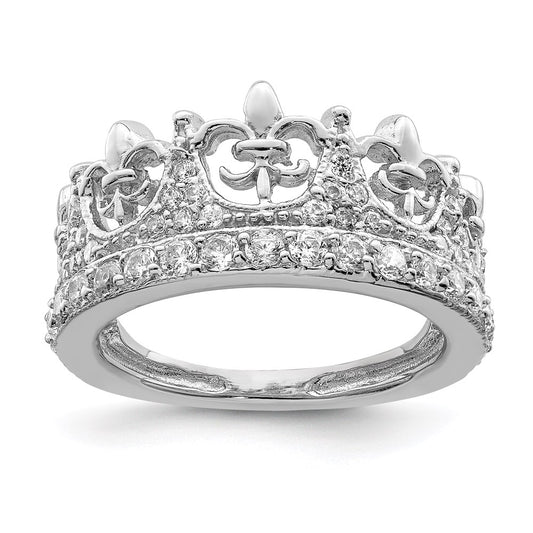 Exclusive Rhodium-Plated Sterling Silver Fleur-de-lis Crown Ring, Stylish CZ Accents