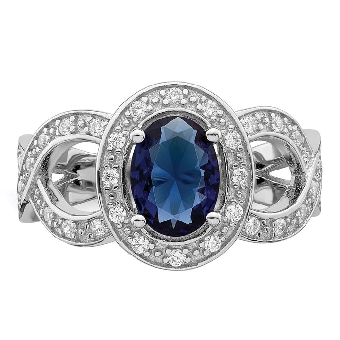 Exclusive Rhodium-Plated Sterling Silver Ring: Stylish Dark Blue Glass & CZ-4