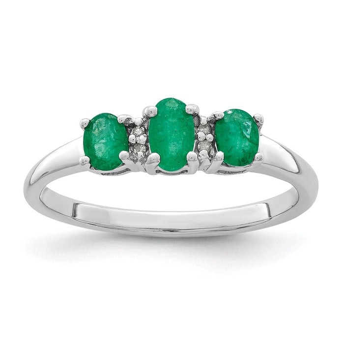 Buy Exclusive Rhodium-Plated Sterling Silver Three-Stone Ring: Emerald & Diamond Luxury Value-1