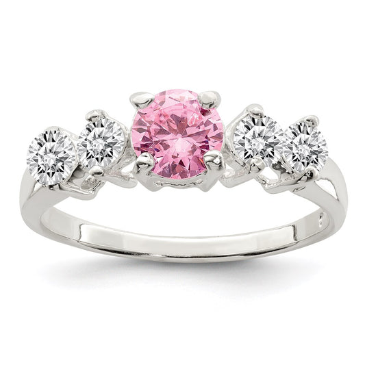 High-Quality Sterling Silver Pink Round CZ Ring with Side Stones - Stylish Value!