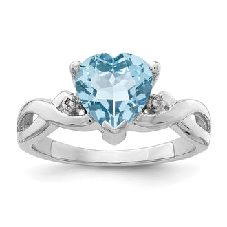 High-Quality Rhodium-Plated Sterling Silver Heart Ring with Swiss Blue Diamonds