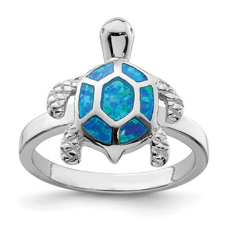 Exclusive Rhodium-Plated Sterling Silver Turtle Ring with Created Blue Opal