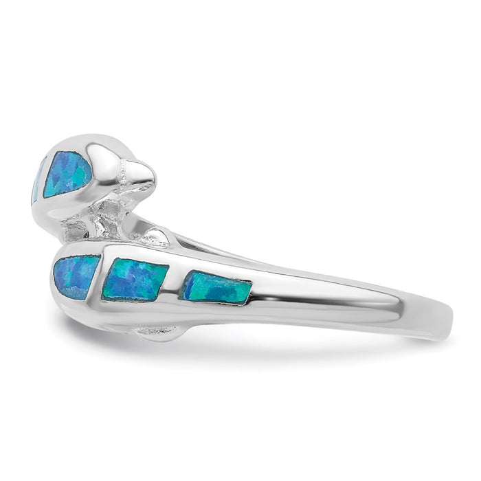 Buy Stylish Rhodium-Plated Sterling Silver Ring with Created Blue Opal Dolphins-3
