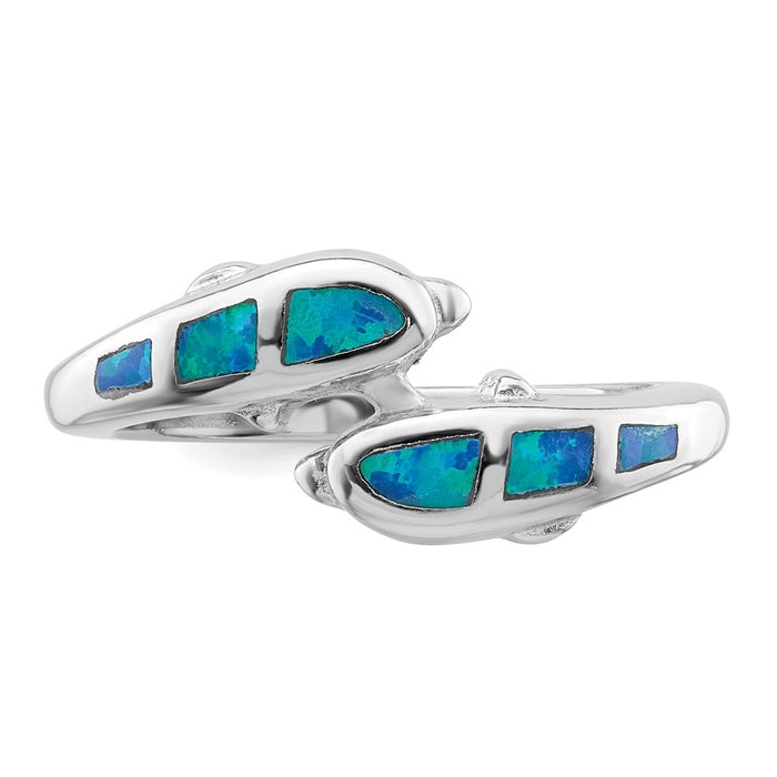 Buy Stylish Rhodium-Plated Sterling Silver Ring with Created Blue Opal Dolphins-4