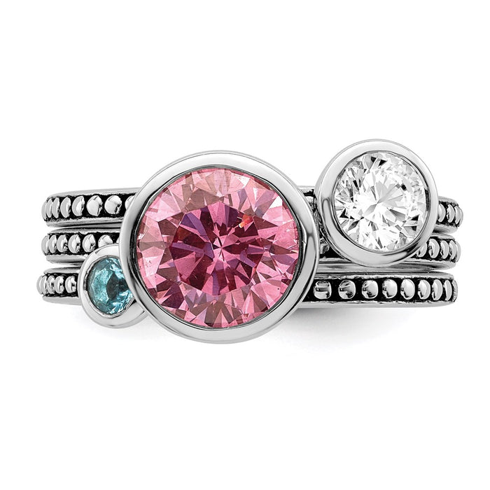Exclusive Rhodium-Plated Sterling Silver Ring Set - Stylish Pink & White CZ-4