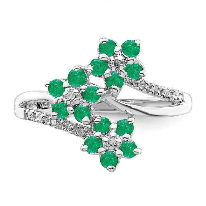 Exclusive Rhodium-Plated Sterling Silver Ring with Emerald Flowers & Diamonds-5