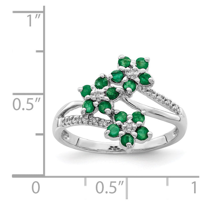Exclusive Rhodium-Plated Sterling Silver Ring with Emerald Flowers & Diamonds-4