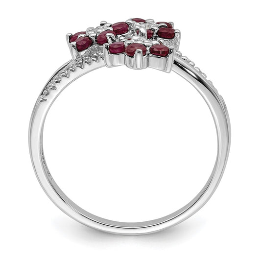 Buy Stylish Rhodium-Plated Sterling Silver Ring with Ruby & Diamond Flowers