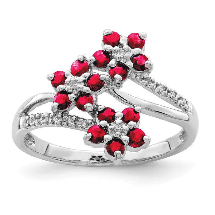 Exclusive Rhodium-Plated Sterling Silver Ring with 3 Ruby & Diamond Flowers-1