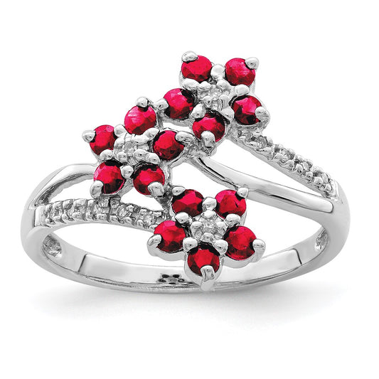 Buy Stylish Rhodium-Plated Sterling Silver Ring with Ruby & Diamond Flowers