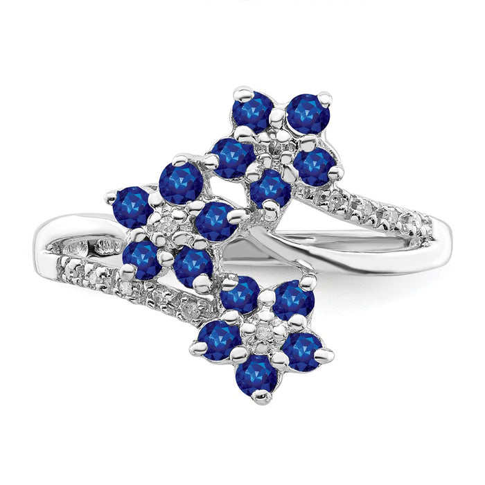 Exclusive Rhodium-Plated Silver Ring: Stylish 3 Flower Design with Sapphires & Diamonds-4