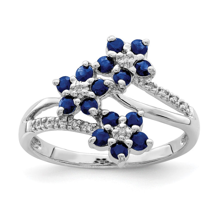 Order a High-Quality Rhodium-Plated Sterling Silver Ring with Sapphire & Diamond Accents - Stylish Flower Design-1