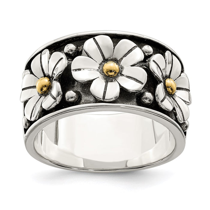 High-Quality Antiqued Sterling Silver Daisy Ring with 14K Gold Accents-1