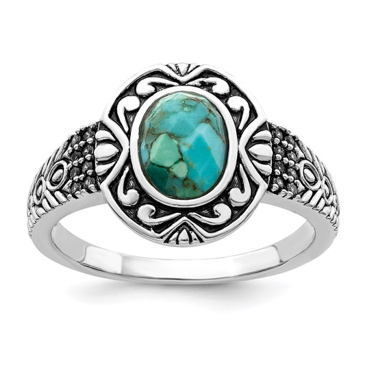 Exclusive Rhodium-Plated Sterling Silver Ring with Reconstructed Turquoise - Stylish Design