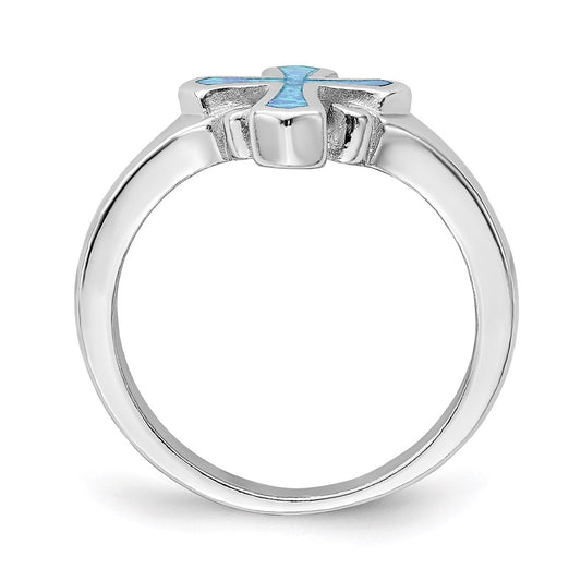 Exclusive Rhodium-Plated Sterling Silver Cross Ring with Blue Opal Inlay - Stylish Value