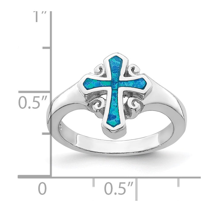 Exclusive Rhodium-Plated Sterling Silver Cross Ring with Blue Opal Inlay - Stylish Value-5