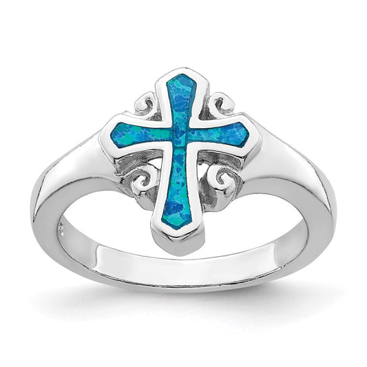 Shop Stylish Rhodium-Plated Sterling Silver Blue Inlay Opal Cross Ring, 14K