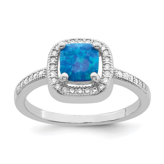 Buy Exclusive Rhodium-Plated Sterling Silver Square Blue Opal & CZ Ring - Stylish Value!